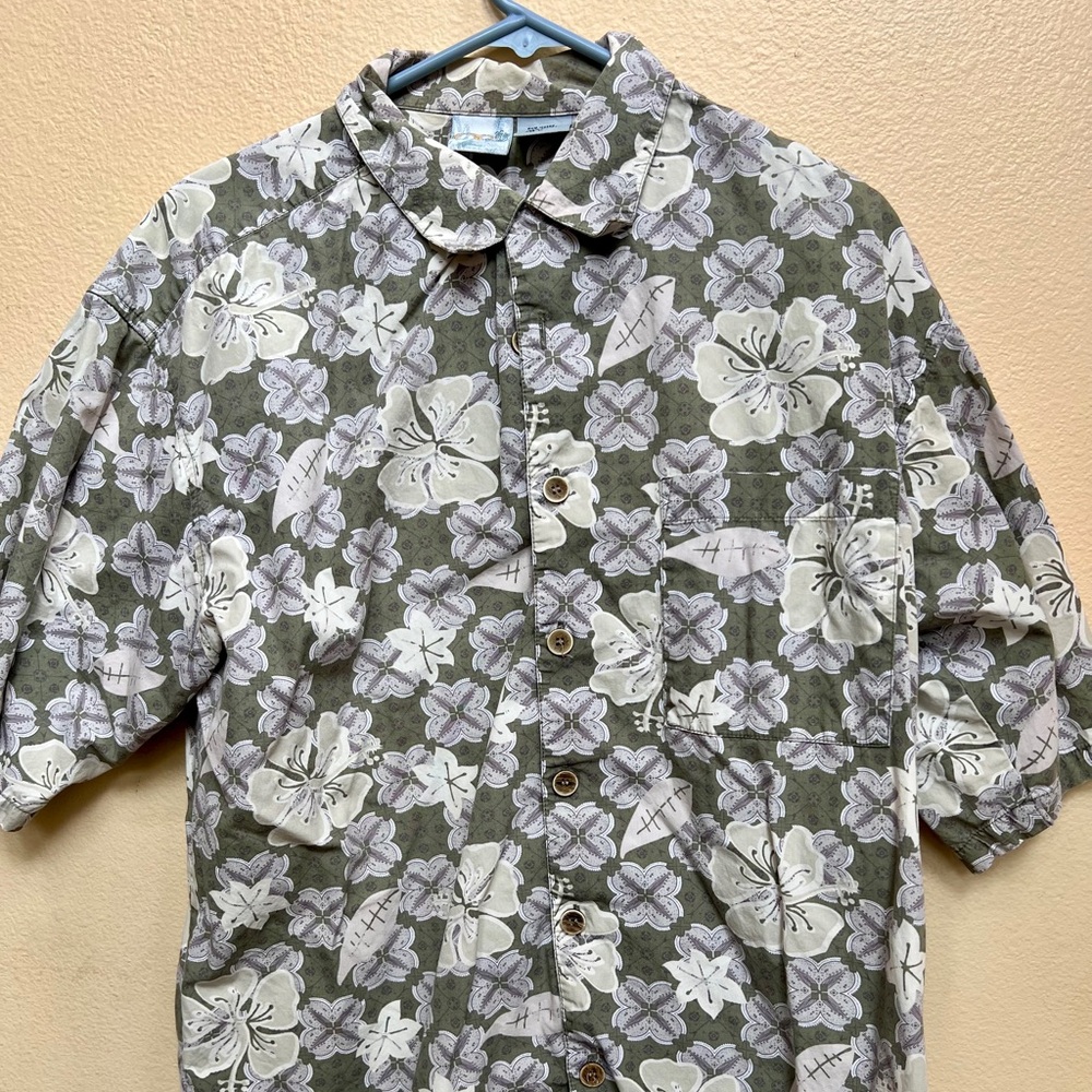 OP Short-Sleeve Button Shirt, Greens with Flowers